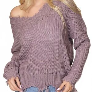 Main Strip Off-Shoulder Knit Sweater - Lavender